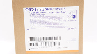 BD 328447 SafetyGlide Insulin Syringe 1/2mL, 31G x 15/64inch TW - Box of 100